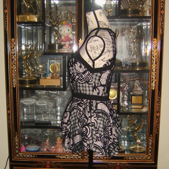 NWT BEBE BLACK LACE OVERLAY HALTER HANDKERCHIEF PEPLUM TOP S - Picture 3 of 6